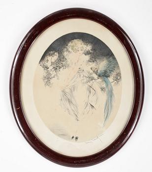 Louis Icart · LOUIS ICART, Färgetsning och akvatint med handkolorering, signerad.