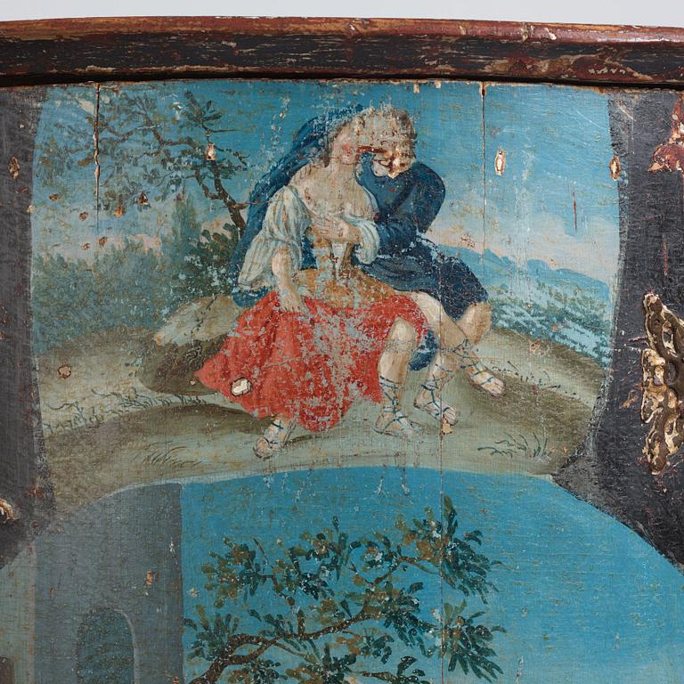 A Swedish late Baroque polychrome-painted corner cabinet, mid 18th century.