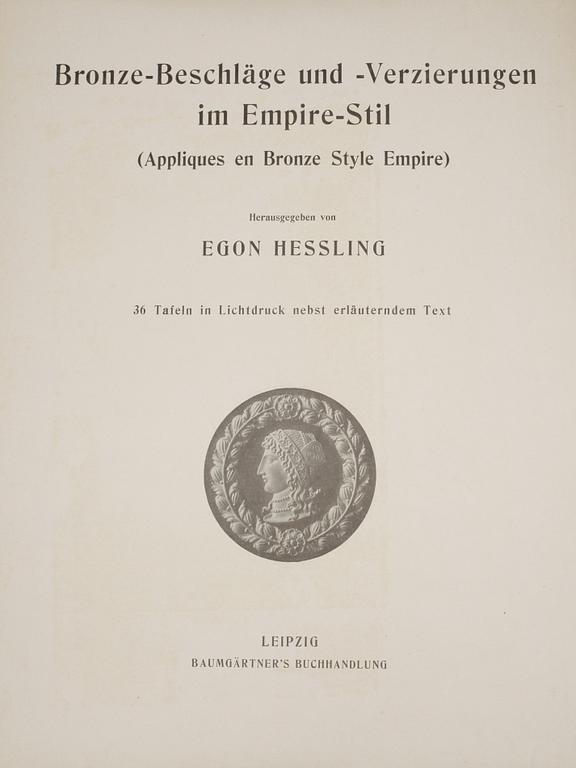 BOKMAPP MED 36 PLANSCHER, "Broze -Beschläge und-Verzierungen im Empire-Stil" utg. av Egon Hessling, Leipzig.