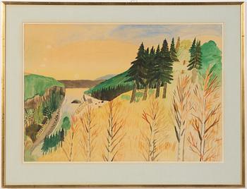 Primus Mortimer Pettersson, View over landscape with buildings by the rapids.