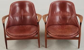 A pair of Ib Kofod Larsen palisander and brown leather 'Elisabeth' easy chairs, Christensen & Larsen, Denmark 1950-60's.