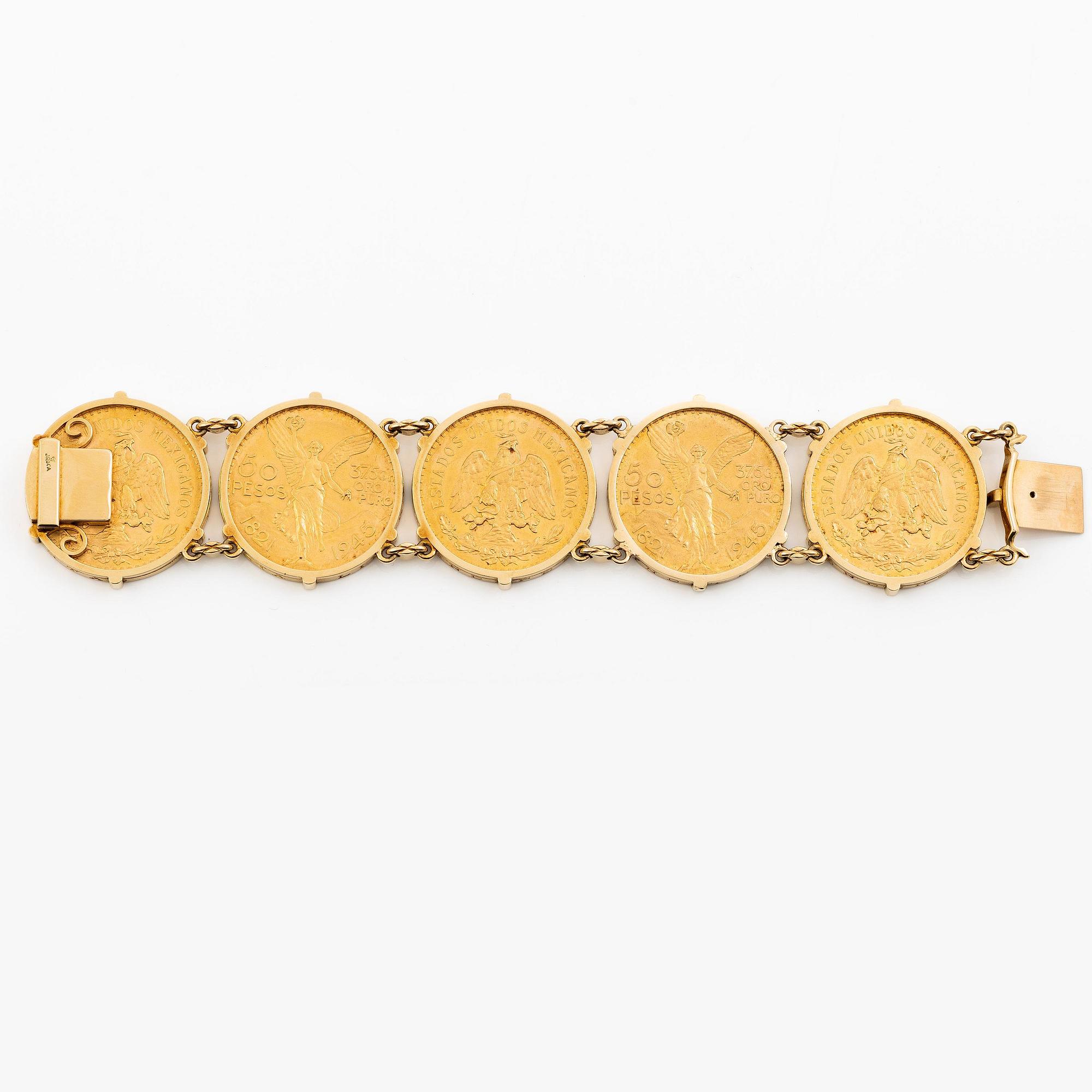 A bracelet gold set with mexican gold coins.