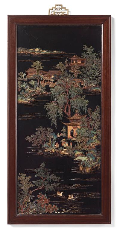 A set of four Chinese lacquer panels with wooden frames, early 20th century.