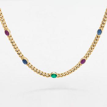 Halsband, pansarlänk, 18K guld med cabochonslipade rubiner, safirer och smaragd.
