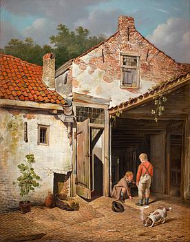 385. Hendrick van der Burgh, Gårdsexteriör med lekande barn och hund.