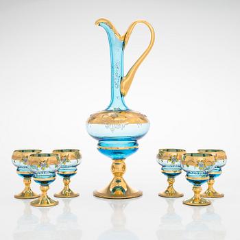 A Murano decanter and six drinking glasses, mid-20th century.