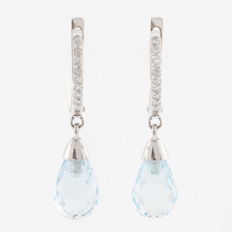 Earrings, a pair, 14K white gold with briolette-cut topaz and octagon-cut diamonds.