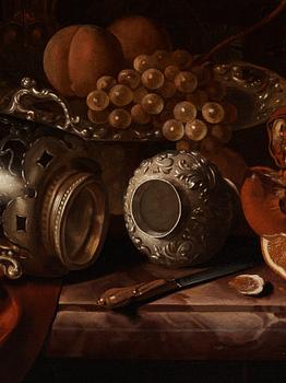Pieter Gerritsz. van Roestraten, Still lite with objects of silver, fruits and a knife.