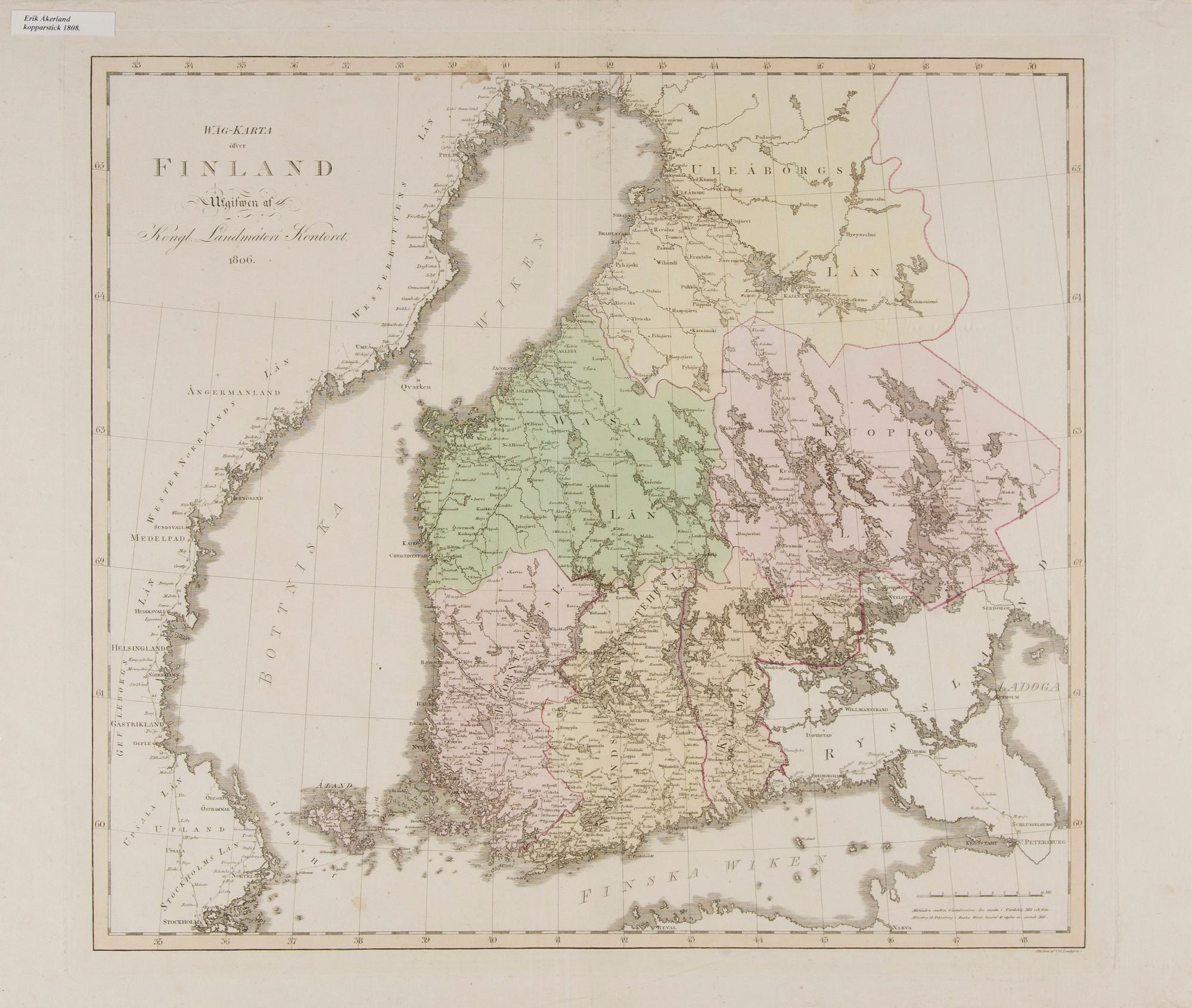 KARTA, Wäg-Karta öfver Finland, utgiven av Kungliga Lantmäteri kontoret 1806.