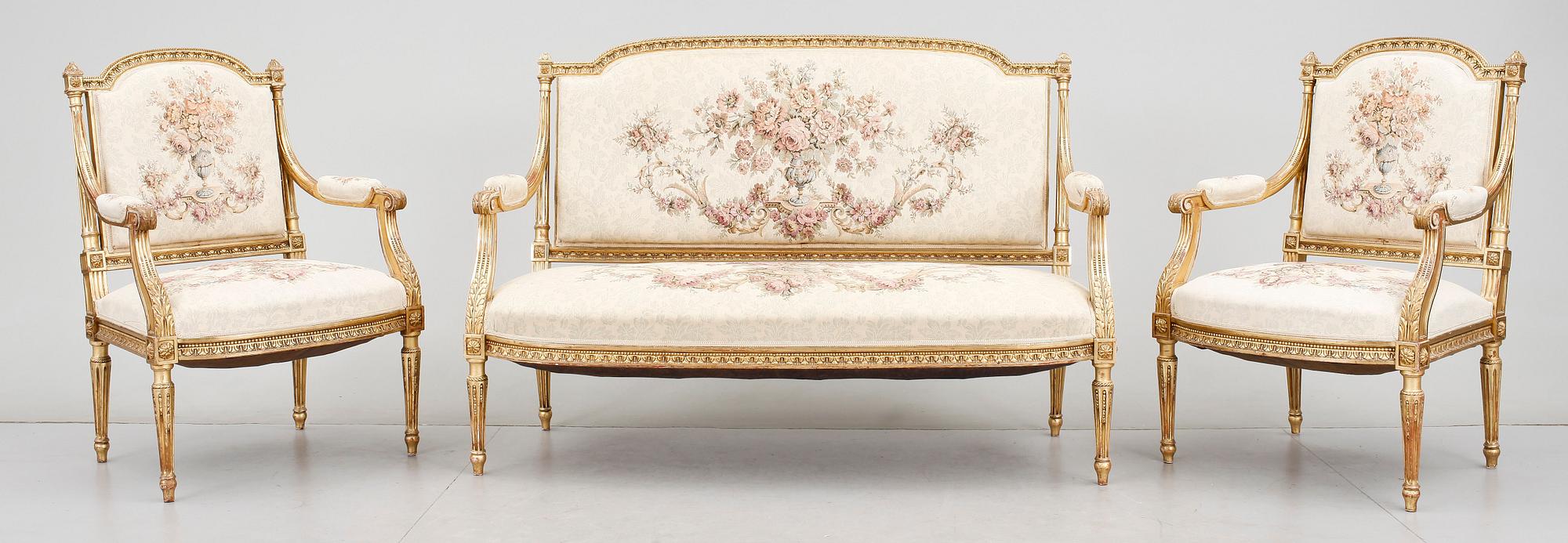SOFFGRUPP, 3 delar, Louis XVI-stil, 18/1900-tal.