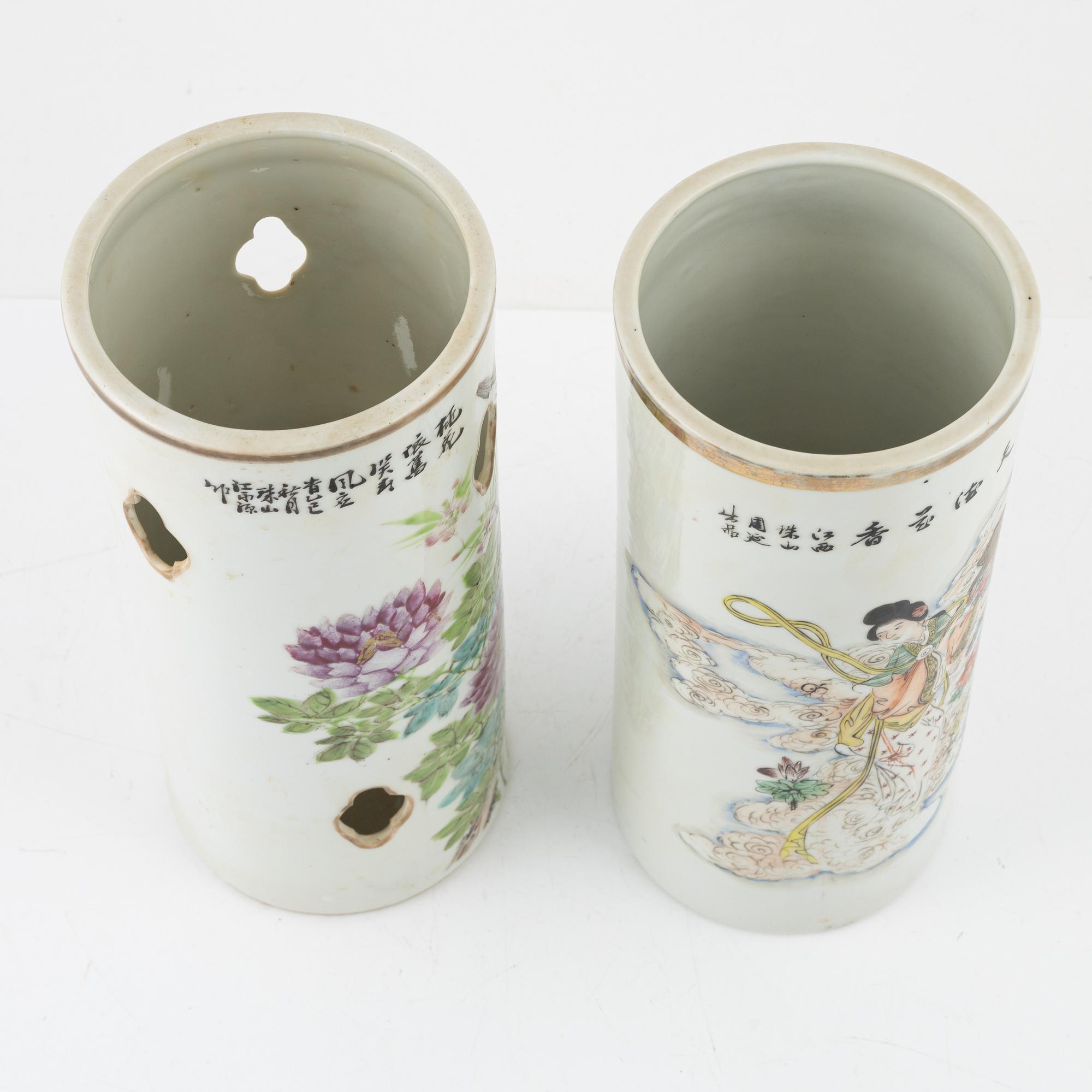 A porcelain brush pot and a porcelain hat stand, China, 20th century.