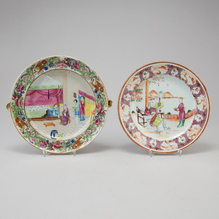 Three chinese famille rose dishes and one hot water dish, 18th and 19th century.