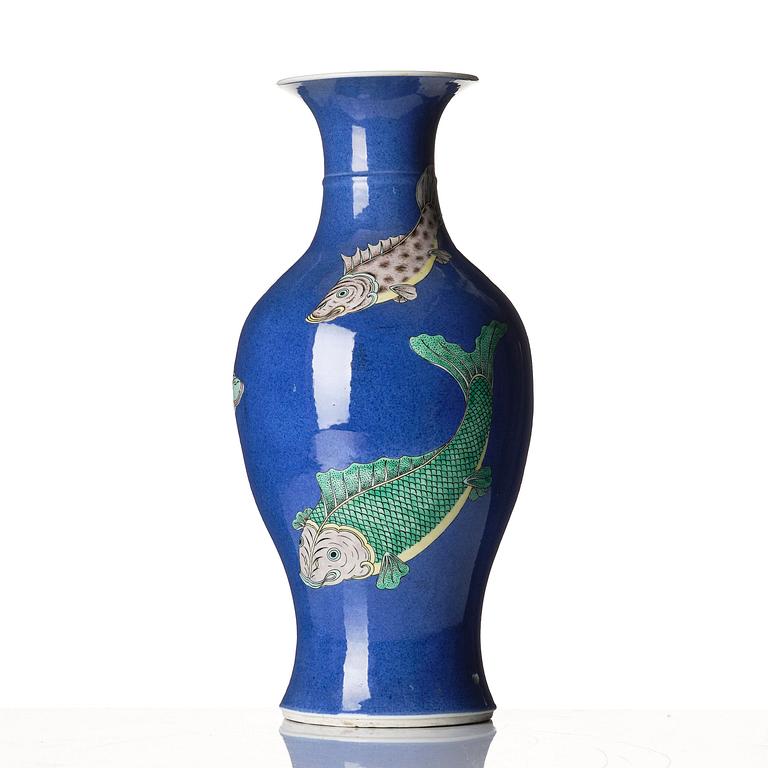A powder blue and enamelled 'fish' vase, late Qing dynasty.