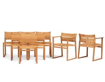 382. Børge Mogensen, a set of six oak and rattan 'BM61' chairs and a pair of BM62, Fredericia, Denmark, 1950s.