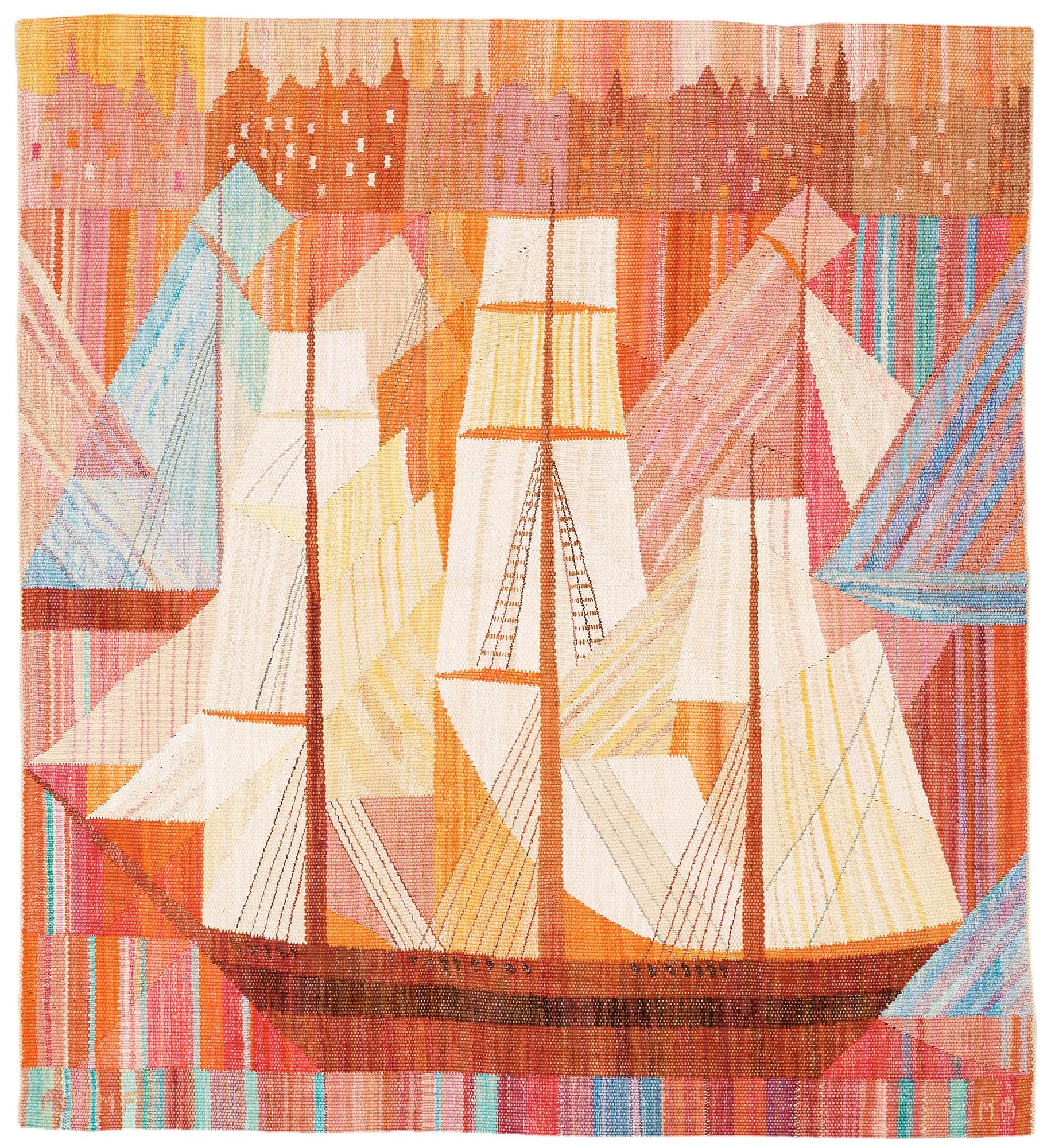VÄVD TAPET. "Strandvägsskuta". Gobelängvariant. 104,5 x 95 cm. Signerad AB MMF MR.