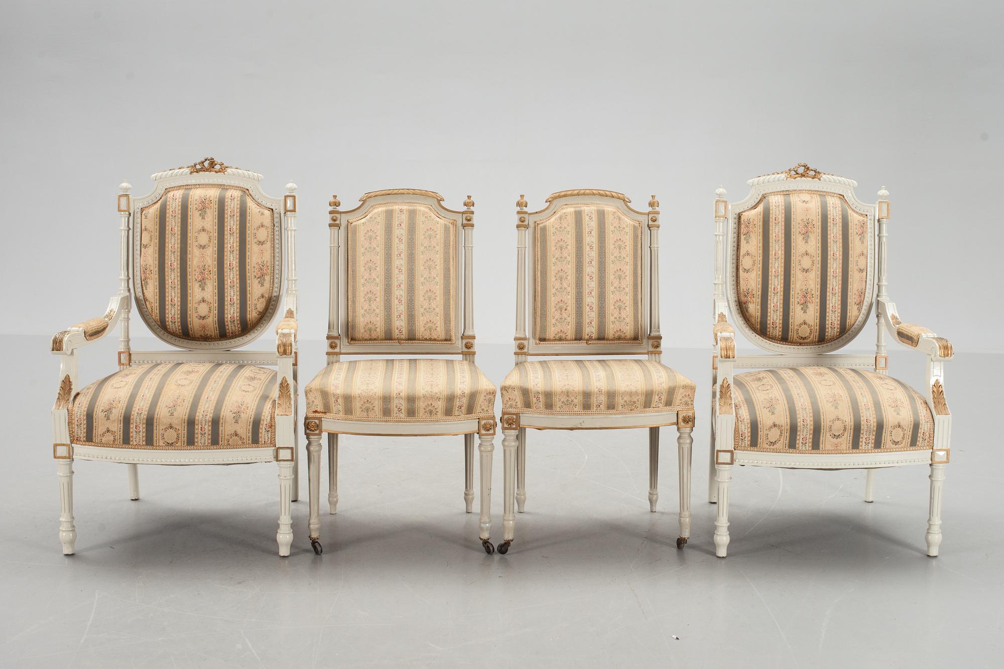 KARMSTOLAR, ett par samt STOLAR, ett par, Louis XVI stil. 1900-talets början.