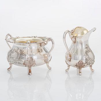 A silver sugar bowl, cream jug, serving bowl, and six coasters, Turku and Hämeenlinna 1934-56.