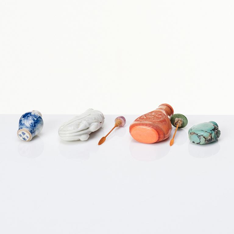 A set of three Chinese snuff bottles and a Chinese miniature vase.