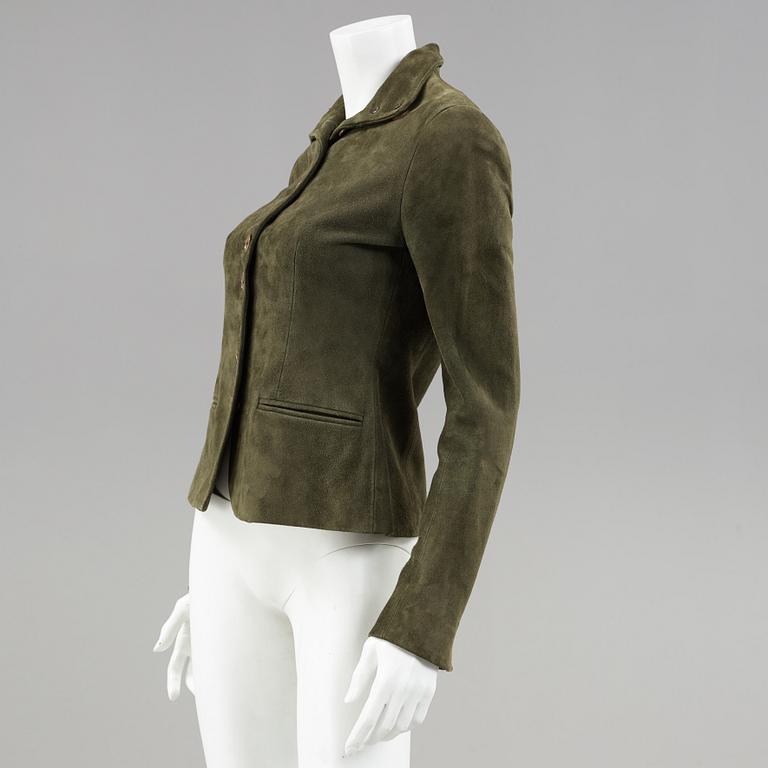 A dark green suede jacket by ralph lauren.