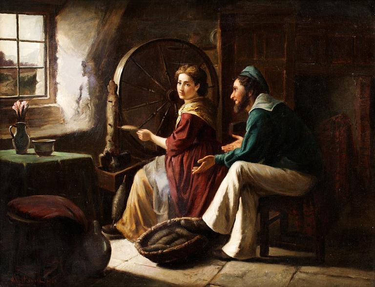 William Henry Midwood Attributed to, Interior with spinning-wheel.