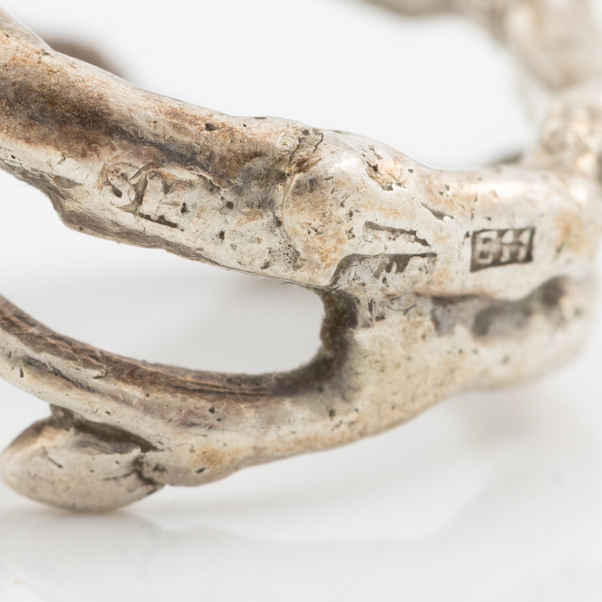 Sofia Björkman, collier, ring och örhängen i form av björkgrenar, silver. Ring med tanzaniter.