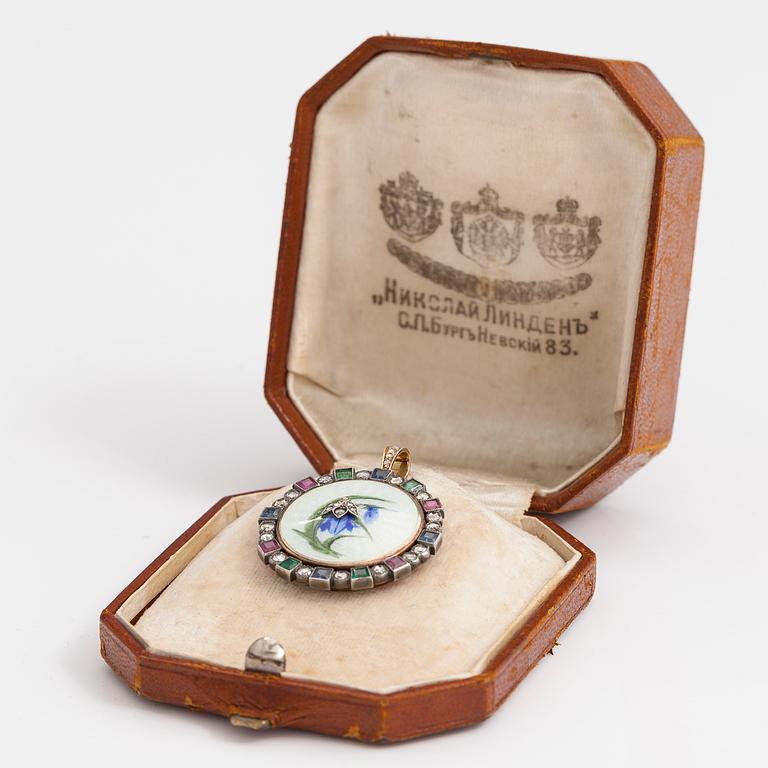 HÄNGE/MEDALJONG, 14K guld, silver, emalj, rosenslipade diamanter ca 1.00 ct, rubiner, smaragder och safirer.