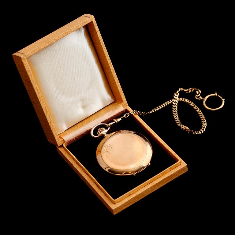 FICKUR, 14 k guld med kedja 18 k guld, savonett,märkt Linderoth, Stockholm, 1930/40-tal. Tot vikt med urverk ca 90 gram.