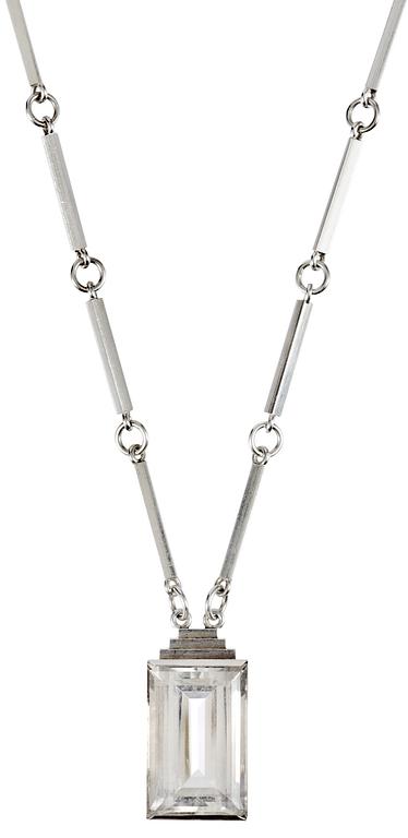 A Wiwen Nilsson sterling and rock crystal pendant and chain, Lund 1939.