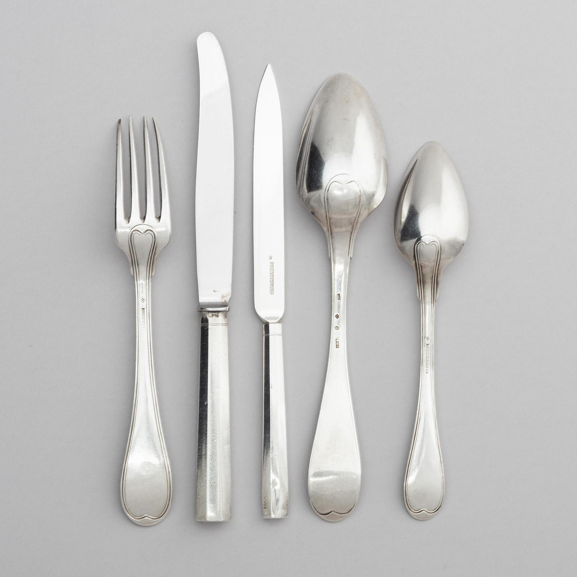 A Swedish late 18th/early 19th century silver cutlery set, 60 pieces, and a mahogany box.
