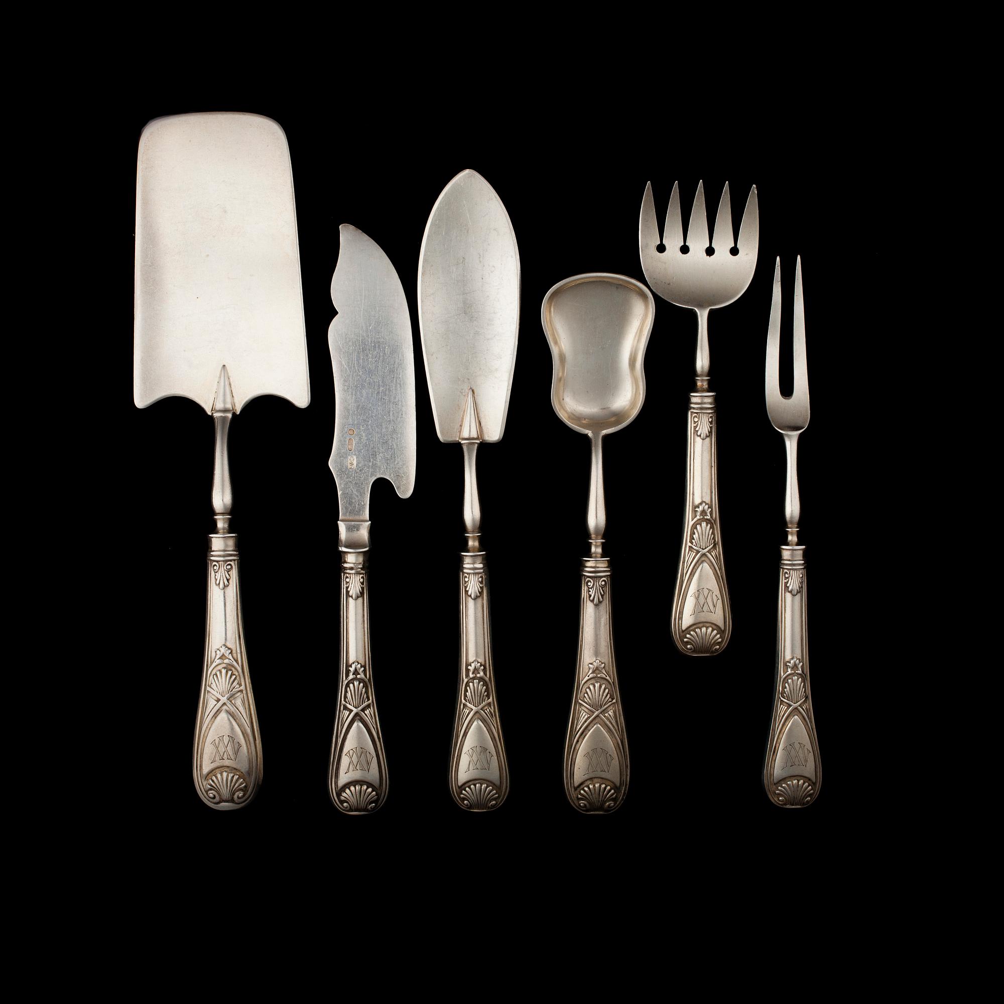 SERVERINGSBESTICK, 6 st, silver, okänd mästare PJS, S:t Petersburg, Ryssland 1886-1908. Tot. vikt ca 326 g.