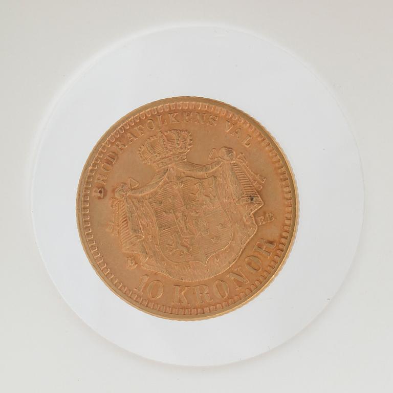 GULDMYNT, 10 kronor, Oscar II, Sverige och Norge 1901. Vikt ca 4 gram.