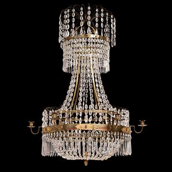 A late Gustavian gilt brass and cut glass seven-light chandelier, circa 1800.