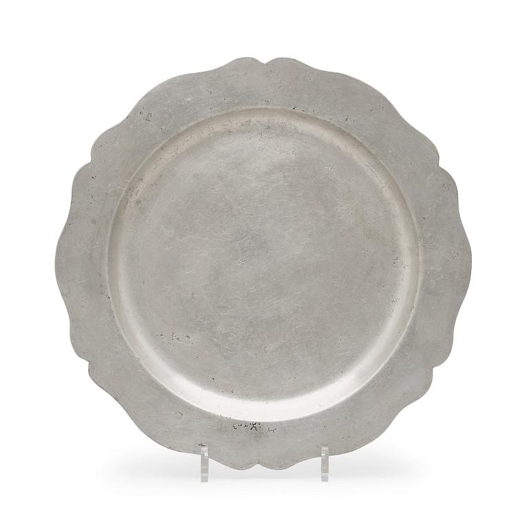 A Rococo pewter dish by S Marnel 1764.
