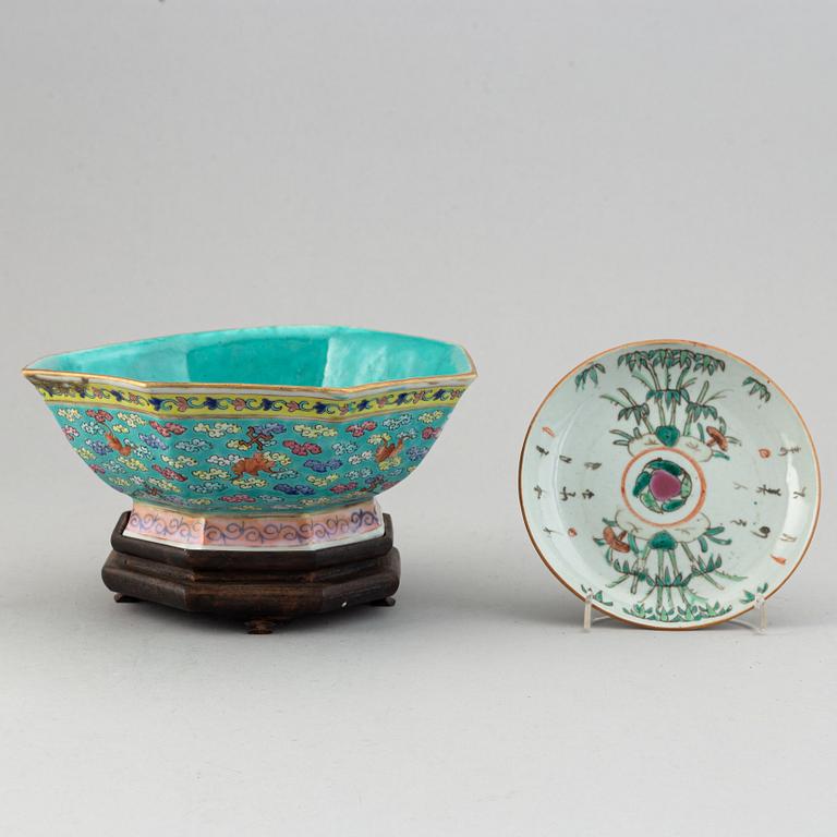 A famille rose bowl, and a dish, Qing dynasty, circa 1900.