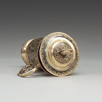 A Russian 19th century silver-gilt and niello cup and cover, un identified makers mark Moscow 1850's.