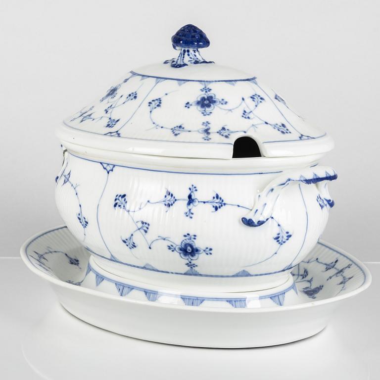 A 'Blue Fluted Plain' porcelain tureen with cover and stand, Royal Copenhagen, model 215, 19th century.