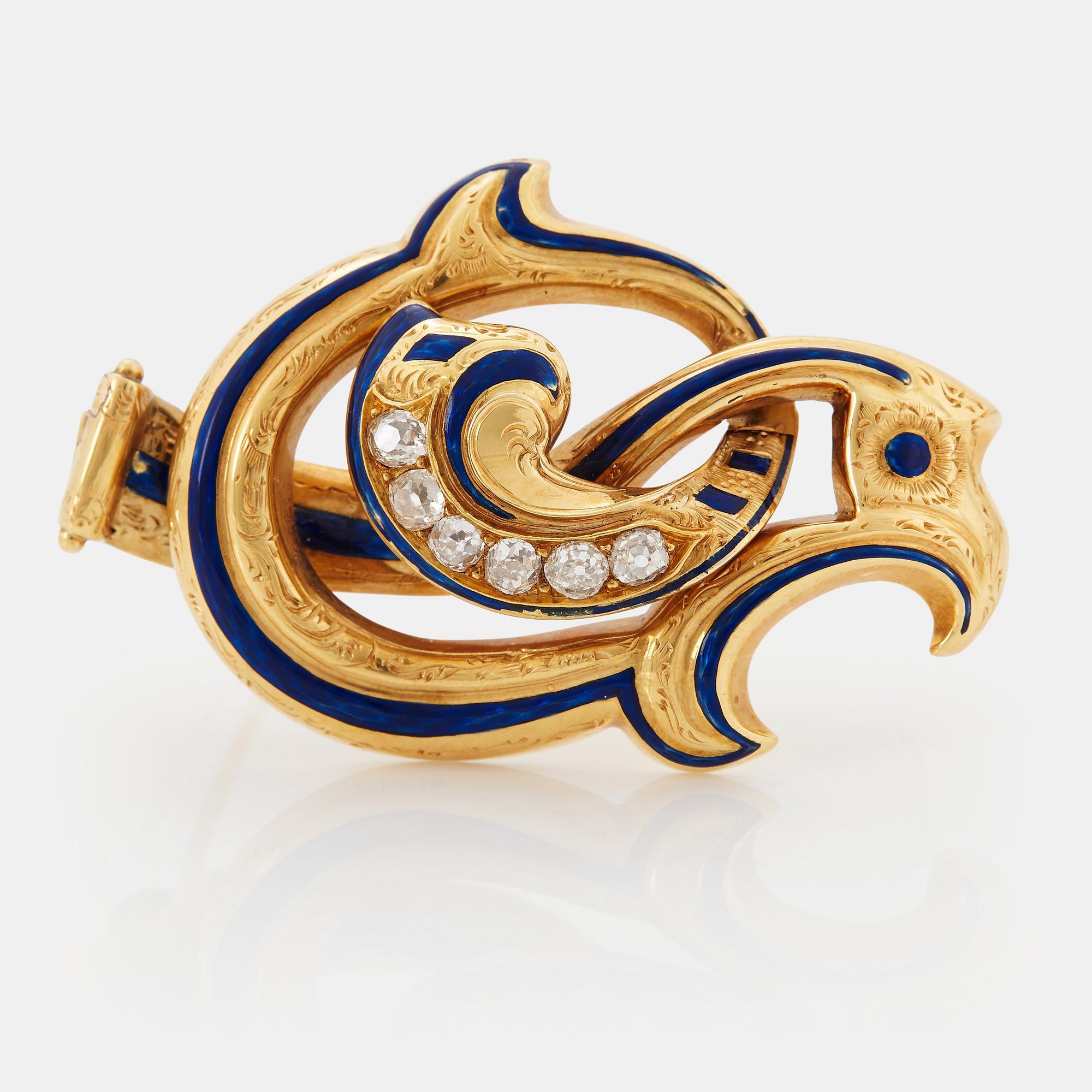 G Möllenborg brosch 18K guld med gammalslipade diamanter och med blå emalj.