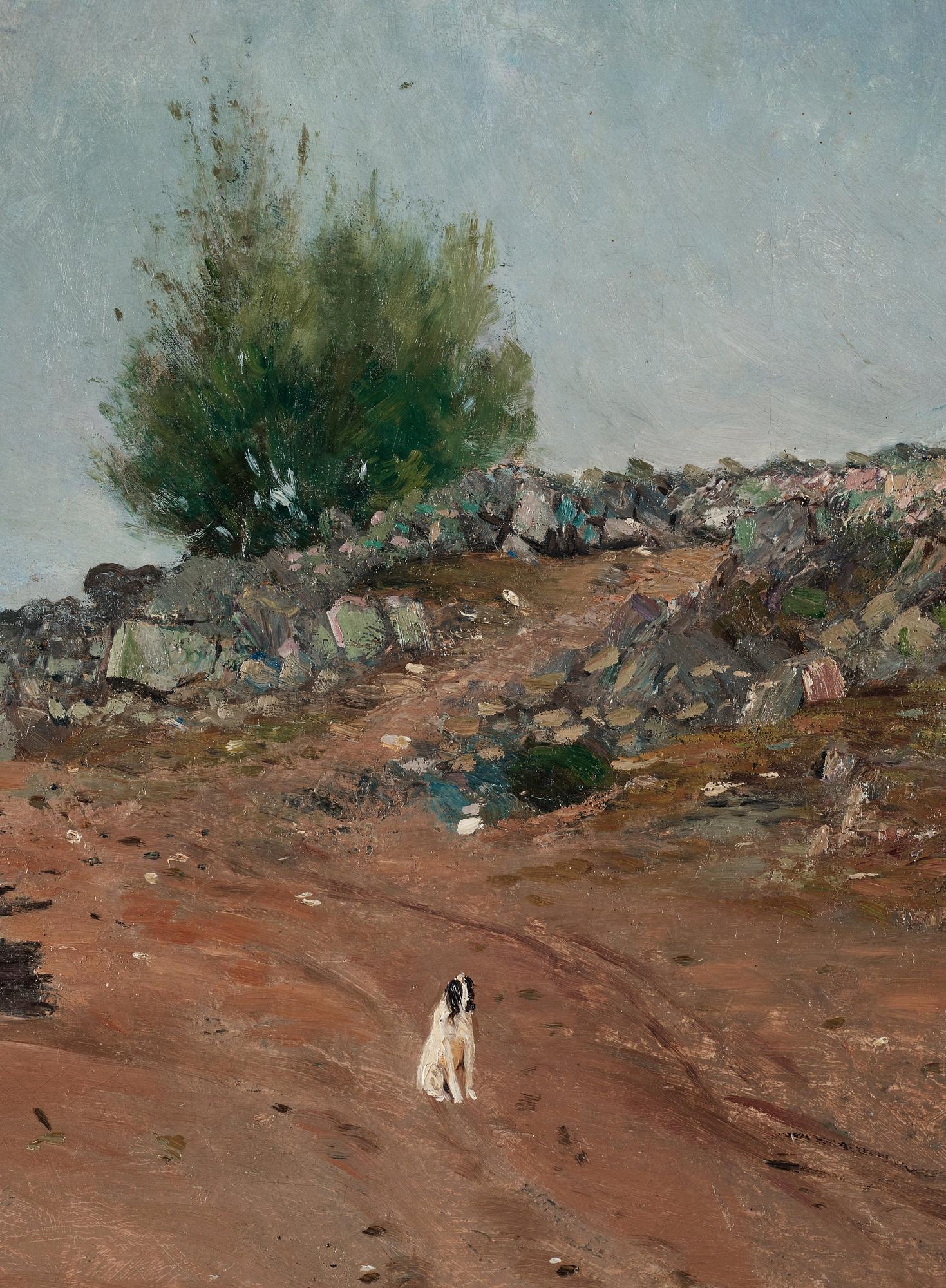 Carl Fredrik Hill, "Väg med sittande hund, Fontainebleau" (Road with sitting dog, Fontainebleau).