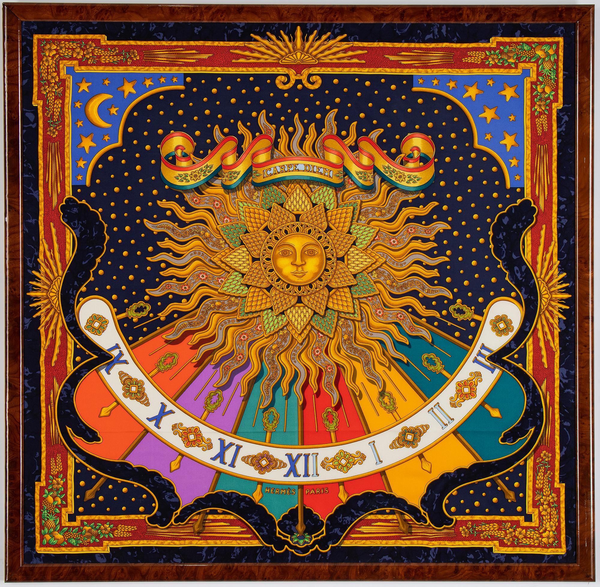 Hermès, a framed 'Carpe Diem' silk scarf.