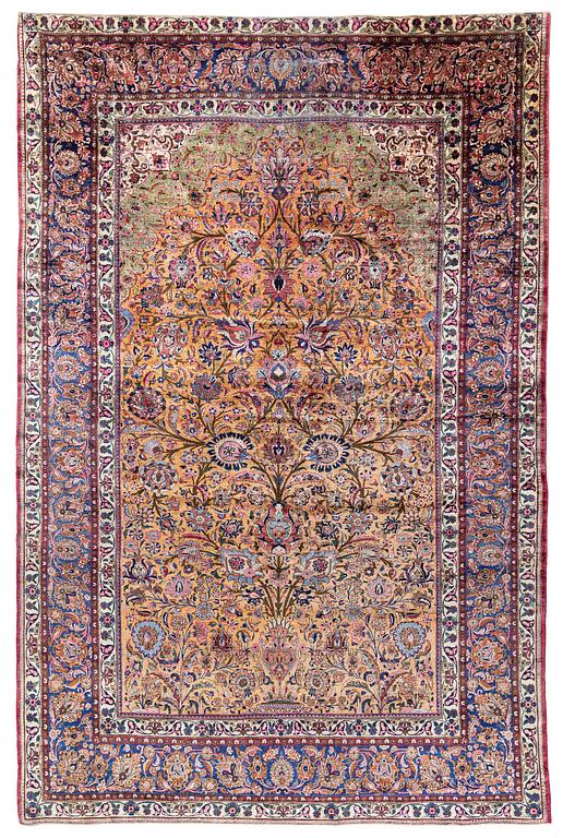 An antique silk Kashan carpet, central Persia (Iran), c. 314 x 210 cm.