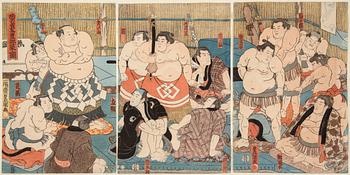 UTAGAWA KUNISADA, also known as Toyokuni III (1786-1865), triptyk, color woodblock print. Japan, 1850. 'Sumo Wrestlers'.