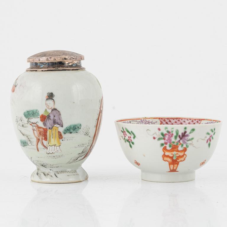 A Famille Rose cup, bowl and tea caddy, China, Qianlong (1736-95).