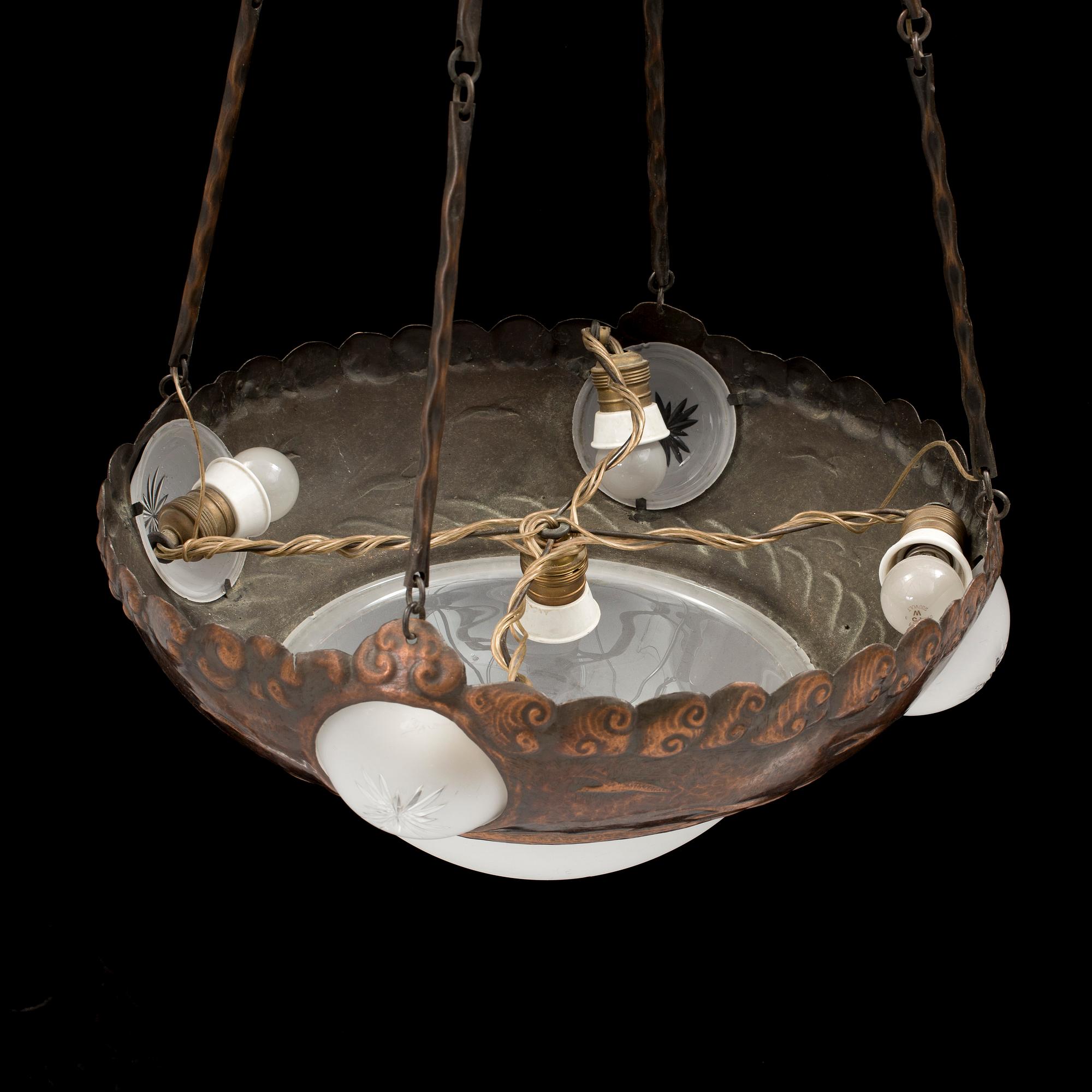 A turn of the century, copper, Jugendstil, ceiling light from ca 1900.