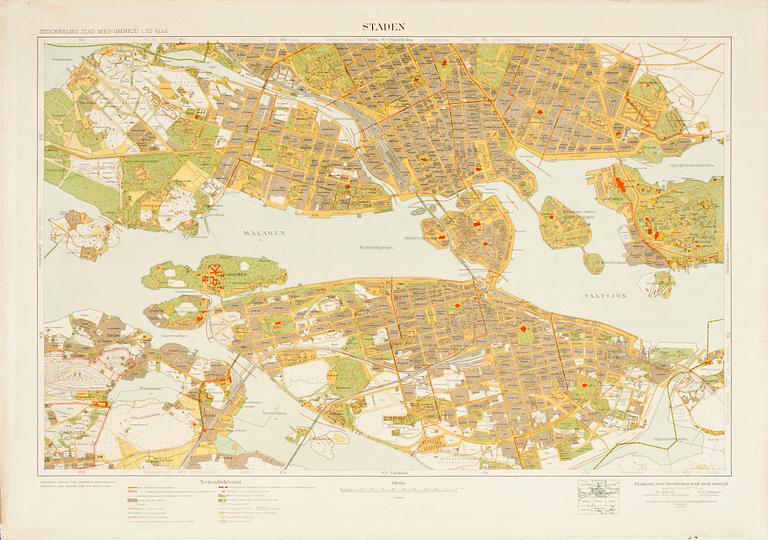 KARTOR, 12 st, fotolitografier, "Stockholms stad med omnejd", H. Hellberg  & A.E. Påhlman. Upprättad åren 1917-1924.