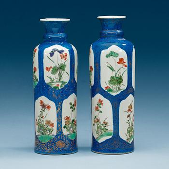 1514. A matched pair of powder blue vases with 'famille-verte' enamels, Qing dynasty, Kangxi (1622-1722).