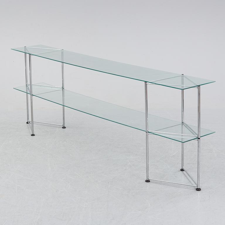 A late 20th century glass and metal shelf / sideboard.