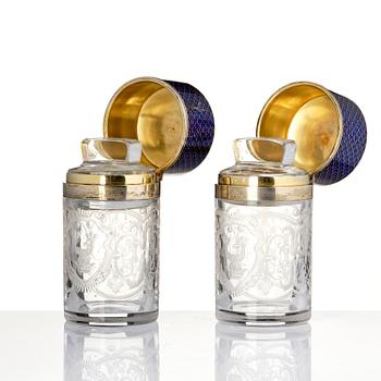 A pair of engraved and glass flacongs with gilt enamelled covers, France/Russia, 19th century.