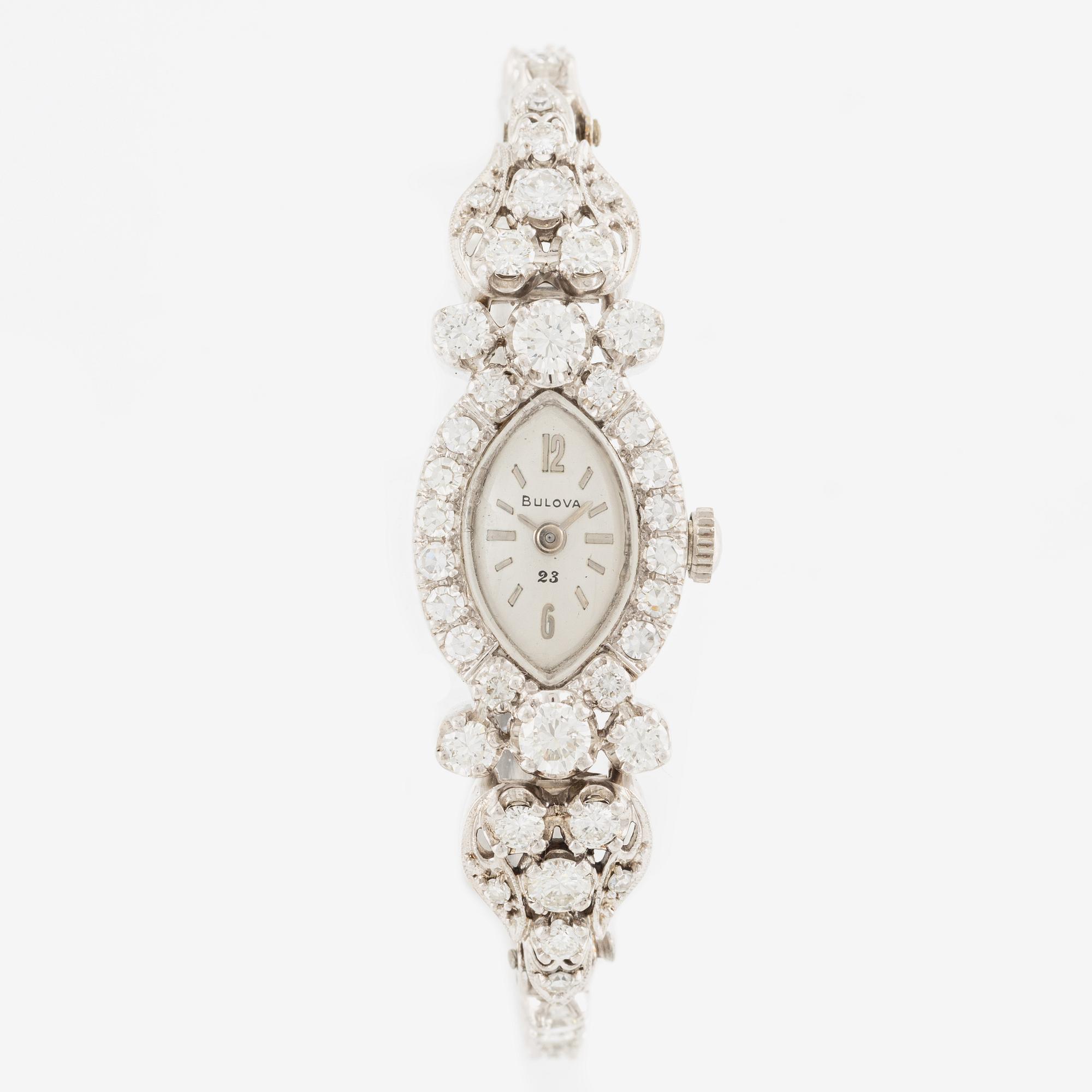 Lady's wristwatch, Bulova, 14K white gold with brilliant-cut diamonds.