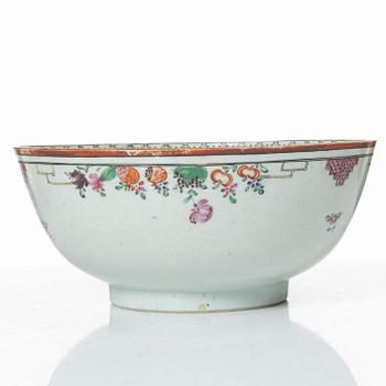 Two famille rose plates and a bowl, Qing dynasty, 18th century.