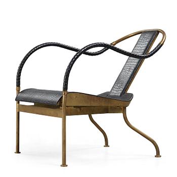 A Mats Theselius brass and black leather 'El Rey' easy chair, Källemo, Sweden 1999.